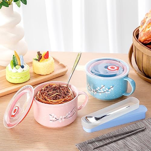 2 Pcs 30 Oz Ceramic Bowl with Lid Handle Noodle Cup,Pink, Blue | Microwave Soup Bowls for Instant Meals, Cherry Blossom Design, 2 Stainless Utensils Sets with Case for Office Dorm Lunch - color: Pink, Blue