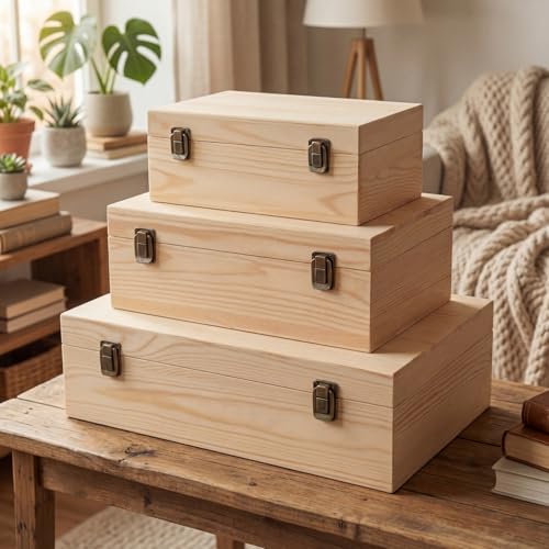 Sliner 3 Pcs Wooden Decorative Storage Boxes with Lids Vintage Wood Organizer Bins for Your Bookshelf Home Decor Safely Store Photos Documents Memory Jewelry Craft Storage (Natural Wood,S M L Size) - color: Natural Wood, size: S M L Size