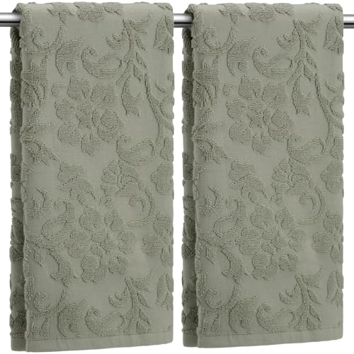 SmoothNovelty 2 Pcs Olive Green Jacquard Hand Towels for Bathroom Floral Hand Towels 100% Cotton Absorbent Decorative Weave Bath Washcloth Bathroom Decor Gift, 13.7 x 29.5 Inch - color: Olive Green, style: Floral
