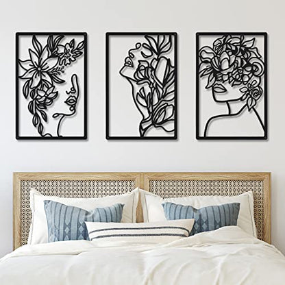 CHENGU 3 Pieces Metal Minimalist Abstract Woman Wall Art Line Drawing Wall Art Decor Single Line Female Home Hanging for Kitchen Bathroom Living Room - style: Fresh Style