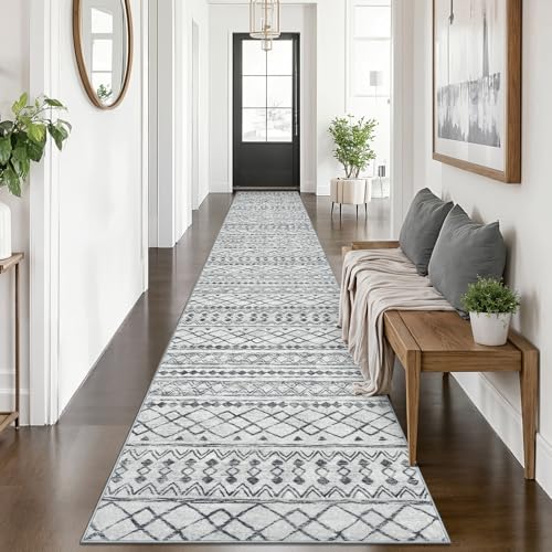 KUTA Long Hallway Runner Rug 2.6x14 Washable, Moroccan Vintage Beige Boho | Non-Slip, Non-Shedding, Low Pile, Ultra Soft Geometric Floor Carpet Rugs for Hallway Kitchen Entryway Stair Laundry Foyer - color: Grey, size: 2'7" x 14' (Runner)