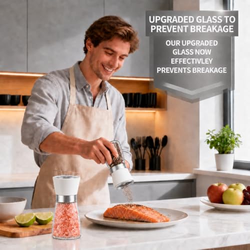 Premium Salt and Pepper Grinder Set of 2, 6 oz Refillable Glass Salt and Pepper Shakers with Adjustable Ceramic Grinder, Manual Pepper Mill Set Includes Funnel & Cleaning Brush, Transparent Lid - color: White, size: 2.6"W x 5"H