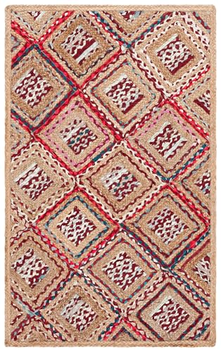 SAFAVIEH Cape Cod Collection Accent Rug - 3' x 5', Natural & Red, Handmade Flat Weave Diamond Braided Jute & Denim, Ideal for High Traffic Areas in Entryway, Living Room, Bedroom (CAP354B) - color: Natural/Red, size: 3' x 5' (Rectangular)