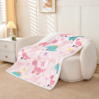 Cute Dino Kids Fleece Blanket,Kawaii Bowknot Heart Princess Style Throw Blanket for Adult,Pink Dinosaur Bow Tie Cartoon Animal Lightweight Polyester Sofa Sherpa Blanket, Queen (90 x 90 Inch) - color: 01 Pink Blue, size: Queen