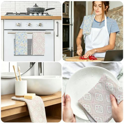 jeilink Blue Pink Floral Kitchen Towels, Set of 2 Dish Towels for Kitchen | Pastel Coquette Flower Soft Absorbent Decorative Tea Hand Towel for Home Dining Room Restaurant Cooking, 13.8 x 23.6 Inch