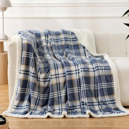 PU MEI Sherpa Blanket Twin Plaid Thick Bed Blanket, 60”*80” Super Soft Flannel Fuzzy Fleece Reversible Velvet Plush Warm Blanket for Couch (Blue White Check) - color: Blue White Check, size: 60"*80"