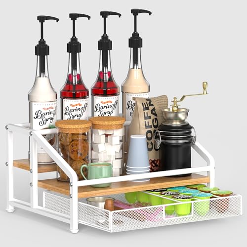 Alyoen Coffee Syrup Organizer Rack, 3-Tier Coffee Station Organizer for Countertop, Coffee Bar Organizer with 35K Cup Storage Basket, Coffee Syrup Holder Stand for Coffee Bar Accessory - White - color: White Color