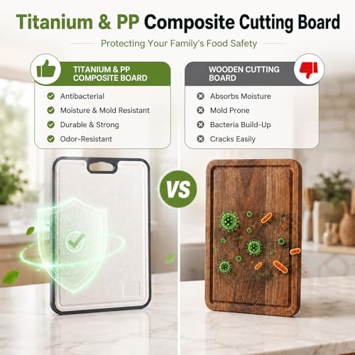 Double Sided Titanium Cutting Board for kitchen | Reversible Non-Toxic Chopping Board, Non-Slip Feet & Juice Groove, Grater Zone, Quick-Rinse Cleanup, 16"x11"
