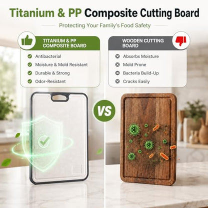 Double Sided Titanium Cutting Board for kitchen | Reversible Non-Toxic Chopping Board, Non-Slip Feet & Juice Groove, Grater Zone, Quick-Rinse Cleanup, 16"x11"