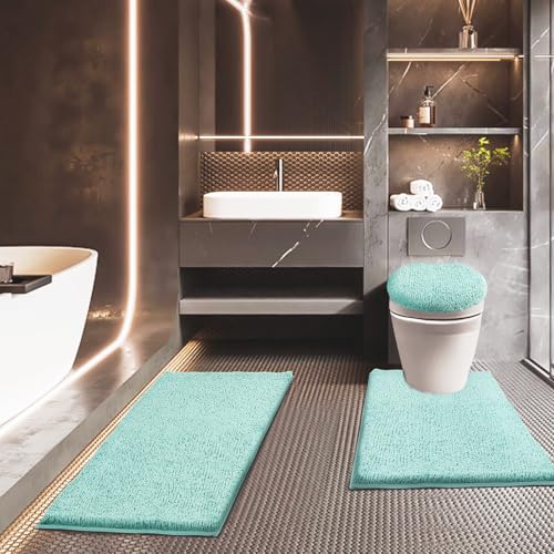 Bathroom Rugs Sets 3 Piece with Toilet Seat Cover 17.5"x 15" | Machine Washable Bath Rug Set with Tpr Non Slip Rubber Backing Solid Bath Mat Set for Luxury Bathroom Decoration - color: Aqua, size: 17.5" x 15"+ 32" x 20"+ U 24" x 20"