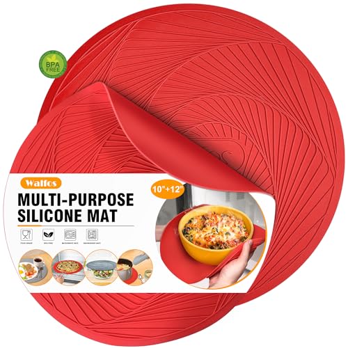 Walfos 12 10 Inch Silicone Microwave Mats, Microwave Splatter Cover for Food, Pot Holders for Kitchen, Non-Slip Heat Resistant Silicone Mats for Microwave, Oven, Hot Pan, Pot (Red) - style: 10+12in, 2 Red Microwave Mat