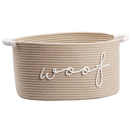 Woof Woven Rope Storage Baskets, Pet Dog Toy Bin Box Perfect for organizing Chew Toys Blankets leashes, Dog Toy holder Cotton Basket Puppy Bins - color: beige