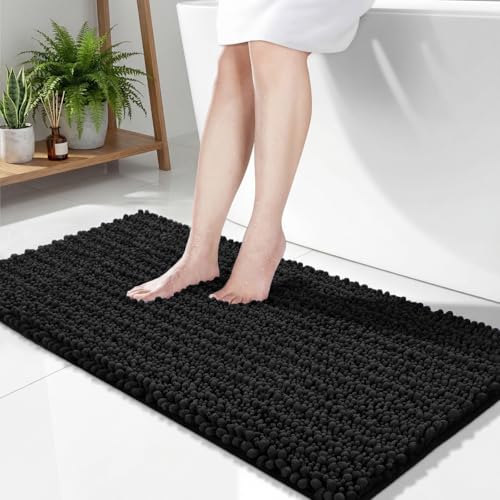 Disolla Black Bathroom Rug 24x44 Inch - Thick Chenille Bath Mat, Large Shaggy Plush Absorbent Rug, Non-Slip Machine Washable Floor Mat for Double Vanity - color: Black, size: 2' x 3'8" (24''x44'' Bathroom Rug)