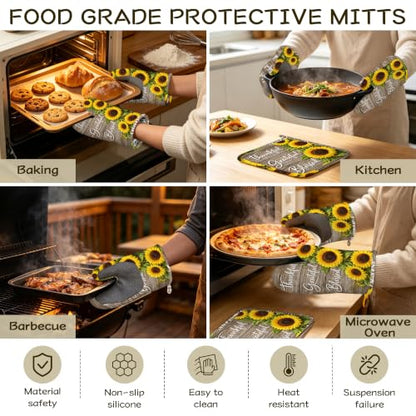 Wood Sunflower Oven Mitts and Pot Holders Sets of 4 PCS, Thankful Grateful Blessed Oven Gloves Potholder for Kitchen Cooking Baking BBQ Heat Resistant - color: Thankful Grateful Blessed