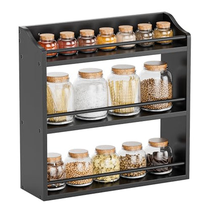 STELLSTAR Bamboo Spice Rack Wall Mount or Tabletop Holder, 3-Tier Shelf for Seasoning Bottles Organizer, Medicine Holder (Black) - color: Black