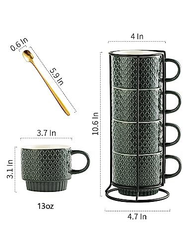 Gomakren Coffee Mugs Set of 4, 13oz Stackable Coffee Cup with Stand, Grey | Stackable Space-Saving, with 4 Spoons | Textured Grey Grid Stoneware Dishwasher Safe, for Coffee Milk Tea Cocoa & Gifting Use - color: Gray
