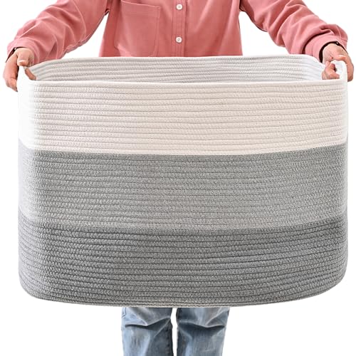 ICERZCZ Extra Large Blanket Basket Living Room, Rectangle Storage Basket, Large Woven Baskets for Storage, Cotton Rope Basket for Toys, Clothes, Gradient Grey - 25”x16”x16” (105L) - color: Gradient Grey, size: 25”x16”x16”