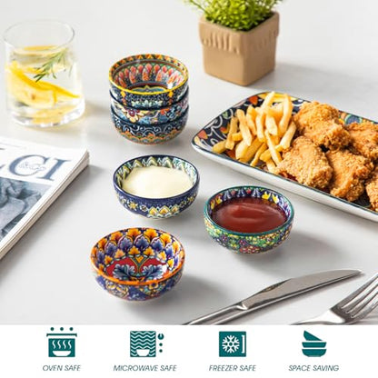 vancasso SIMI 2.7 Oz Ceramic Dipping Bowls Set of 6, Bohemian Sauce Bowls | For Soy Sauce, Sushi, Dips, and Condiments, Microwave and Dishwasher Safe, 3 Inch Mini Dishes, Bohemian Design