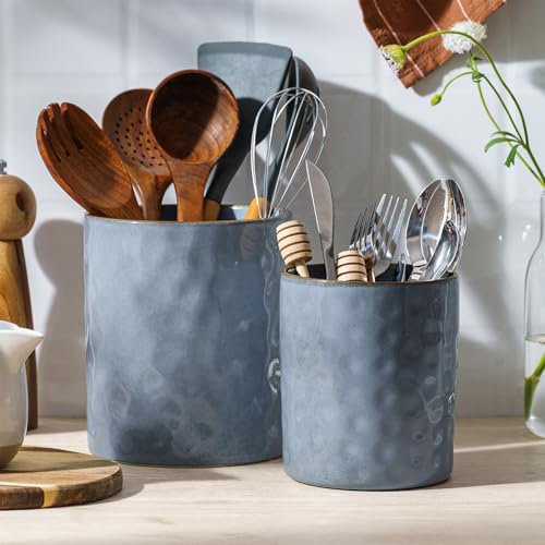famiware Ceramic Utensil Holder, 7.2"+5.8", Set of 2, Blue | Cooking Utensil Crocks, Organizer for Spatula & Spoon, Kitchen Decor, Countertop Storage, Stable and Non-Slip, Reactive Glaze - color: Blue