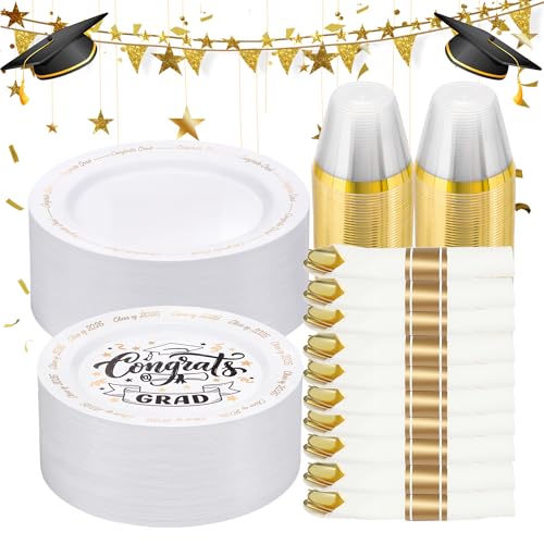 350 Piece Graduation Gold Plastic Dinnerware Set for 50 Guests | Disposable Dinnerware Includes: 50 Dinner Plates, 50 Dessert Plates, 50 Cups, 50 Pre Rolled Napkins with Silverware - color: White, style: 350 Piece (50 guests)