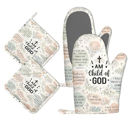 Floral Botanical Oven Mitts and Pot Holders Sets of 4 PCS, I AM Child of GOD Oven Gloves Potholder for Kitchen Cooking Baking BBQ Heat Resistant - color: I Am Child of God