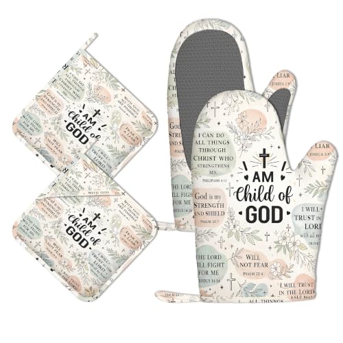 Floral Botanical Oven Mitts and Pot Holders Sets of 4 PCS, I AM Child of GOD Oven Gloves Potholder for Kitchen Cooking Baking BBQ Heat Resistant - color: I Am Child of God