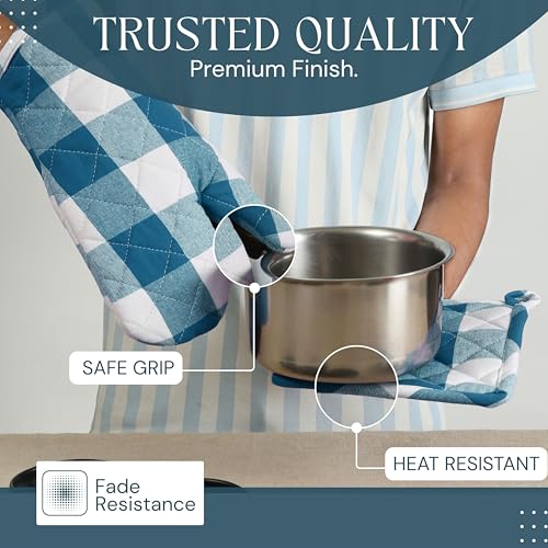 Oven Mitt & Pot Holder Buffalo Plaid Check 100% Cotton Heat Resistant Oven Gloves (7"x13") & Hot Pads (8"x8") Combo for Baking, Cooking - Teal - color: Teal Green, Buffalo Plaid