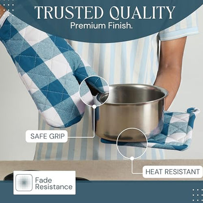 Oven Mitt & Pot Holder Buffalo Plaid Check 100% Cotton Heat Resistant Oven Gloves (7"x13") & Hot Pads (8"x8") Combo for Baking, Cooking - Teal - color: Teal Green, Buffalo Plaid