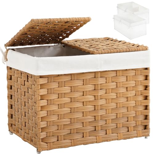 SETVSON Storage Basket with Lid Woven Wicker Baskets, 35L Natural | 9.2 Gallon Storage Bin with 2 Separate Lids, 2 Removable Liner Bags with Divider for Small Clothes, Sturdy Metal Frame - color: Natural, size: 35L-15.7L*11.8W*11.8H