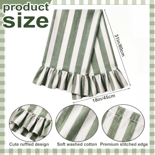 Sage Green Striped Kitchen Towels Set of 2, 100% Cotton Ruffled Striped Dish Towels 18"x31" Absorbent Tea Cloths Classic Pattern for Farmhouse Charm, Drying Dishes, Entertaining Guests - color: Green