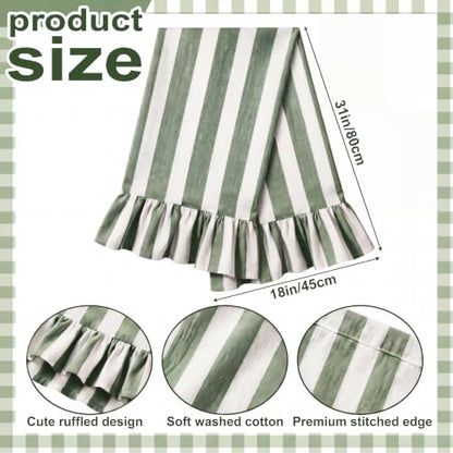 Sage Green Striped Kitchen Towels Set of 2, 100% Cotton Ruffled Striped Dish Towels 18"x31" Absorbent Tea Cloths Classic Pattern for Farmhouse Charm, Drying Dishes, Entertaining Guests - color: Green