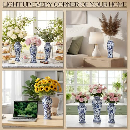 LemonRoad 3 Pack Chinoiserie Vases Porcelain Blue and White Vases for Flowers Pottery Chinoiserie Ceramic Vase for Living Room Mother's Day Decor Table Centerpiece, 6.7", 8.3", 10"(Classic) - style: Classic