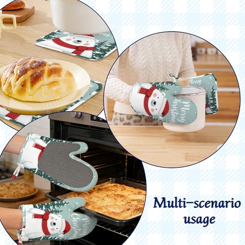 Cute Polar Bear Oven Mitts and Pot Holders Winter Merry Christmas Silicone Kitchen Accessories Set of 4 Heat Resistant Non-Slip Long Gloves Potholder for Chef Cooking Baking Gifts Women Men - color: Cute Polar Bear,winter Merry Christmas