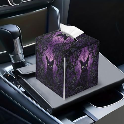 Black Cat Tissue Case Cover Square,Halloween PU Leather Tissue Case Ghost Flower Tissues Cube Box Holder with Bottom Belt Dispenser for Bathroom,Vanity Countertop,Night Stands,Desk,Car - color: Black Cat Ghost Flower Halloween