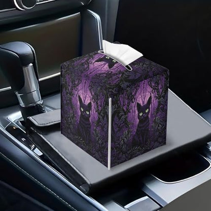 Black Cat Tissue Case Cover Square,Halloween PU Leather Tissue Case Ghost Flower Tissues Cube Box Holder with Bottom Belt Dispenser for Bathroom,Vanity Countertop,Night Stands,Desk,Car - color: Black Cat Ghost Flower Halloween