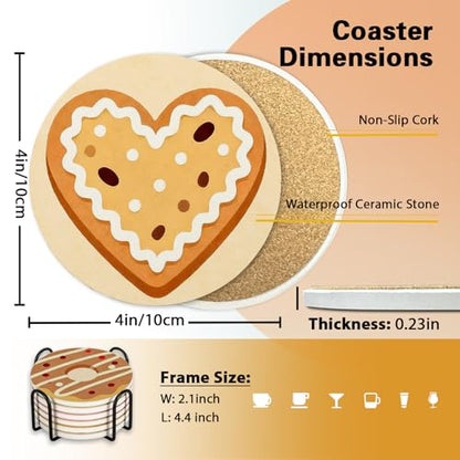 Sweet Dessert Ceramic Coasters with Holder Set of 6 | Donut Cookie Absorbent Drink Cup Mat for Coffee Table Protection, 4'' Bakery Cafe Home Kitchen Decor Housewarming Gifts