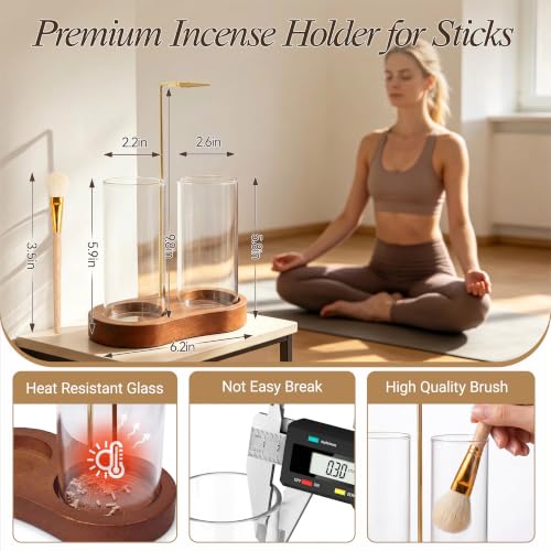 2 in 1 Incense Holder,Wood Incense Sticks Holder with Glass Ash Catcher and Brush,Upside Down Anti-Ash Incense Stick Burner for Spa,Meditation,Home Decor