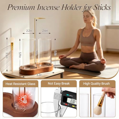 2 in 1 Incense Holder,Wood Incense Sticks Holder with Glass Ash Catcher and Brush,Upside Down Anti-Ash Incense Stick Burner for Spa,Meditation,Home Decor