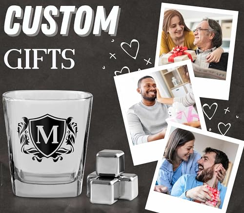 Whisky Gifts for Men, Personalized Initial Whiskey Glass with Whiskey Stones for Dad, Boyfriend, Best Friends, Coworkers, Husband, Brother, Uncle and Boss on Father's Day, Boss Day and Birthday - M - color: M