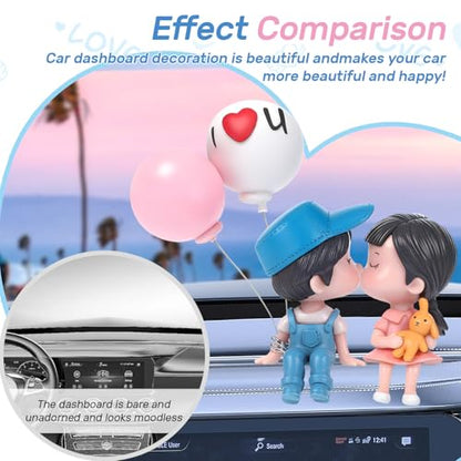 Lovely Couple Kiss Car Dashboard Decorations, Cute Cartoon Couple Figurine with Balloon, Resin Car Ornament Interior Accessories for New Car Gift Boys Girls