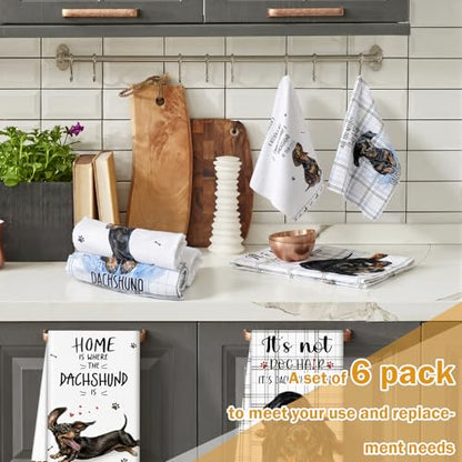 Redbaker 6 Pcs Dachshund Kitchen Towels Funny Dishcloth | Gifts for Dachshund Lovers Dog Owner Cute Brown Grid Kitchen Hand Tea Dish Towel with Hanging Loop for Home Housewarming Gift - style: Dachshund