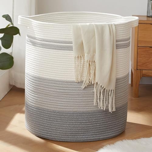 OIAHOMY 100L Laundry Hamper - Storage Basket with Handles, Decorative Woven Basket for Living Room, Toys Bin, Pillows, Blankets, Clothes - 19x21in - Gradient Gray - color: Gradient Gray, size: 19*19*21in