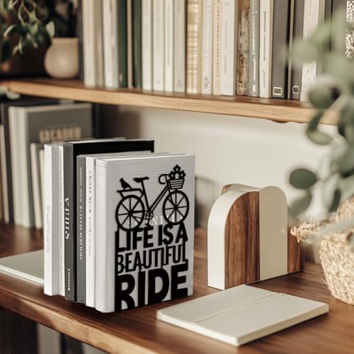 5.3"x4.3"x7.9" Metal Bookends, Heavy Duty Book Ends for Shelves | Bicycle Theme Cast Iron Book Supports, 1 Pair Decor Stoppers for Desk, Library, Office & Home Shelves - style: Bicycle
