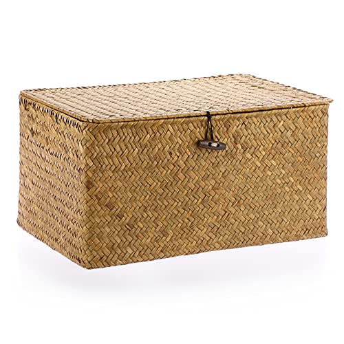 Hipiwe Wicker Shelf Baskets Bin with Lid Woven Seagrass Storage Box, Large | Decorative Basket Organizer Rectangular Household Basket Boxes for Shelf Wardrobe Home Decor, Caramel - color: Caramel, size: Large