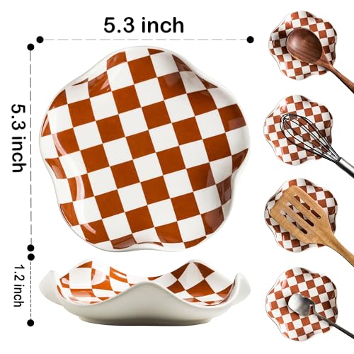 Miamolo Checkered Spoon Rest for Kitchen Counter, Holds Cooking Utensils | 5.3" Spoon Holder for Stove Top | Ceramic Solid Build, Deep Well for Messy Drips | Coffee Bar Essential, Dishwasher Safe - color: Brown-White