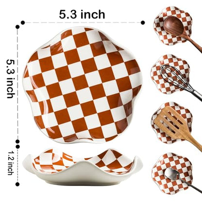 Miamolo Checkered Spoon Rest for Kitchen Counter, Holds Cooking Utensils | 5.3" Spoon Holder for Stove Top | Ceramic Solid Build, Deep Well for Messy Drips | Coffee Bar Essential, Dishwasher Safe - color: Brown-White