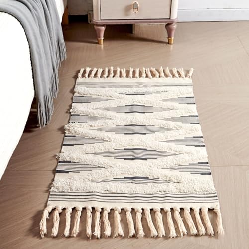 Boho Runner Rug Washable Hallway Rug Runner, Tufted Woven Cotton Farmhouse Area Floor Mat for Bedroom, Modern Diamond Entryway Carpet with Tassels (Grey, 2'x4.3') - size: 2' x 4'3" (Rectangular)