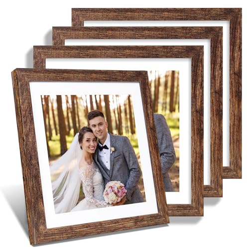 Hongkee 12x12 Picture Frame Set of 4 - Made of Glass and Rustic Brown Wooden Frame, Display Square Pictures 10x10 with Mat or 12 x 12 without Mat, Desktop & Wall Collage Photo Frame - color: Rustic Brown, size: 12x12 in