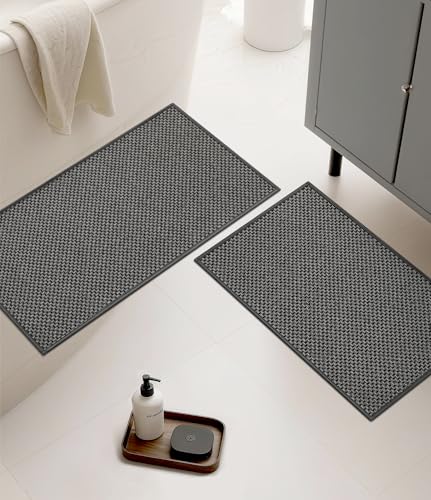 Thin Bath Mat Dark Grey Bathroom Rugs Sets 2 Pieces, Non Slip Absorbent Mats Quick Dry, Woven Rugs Washable, Tapetes para Baño for Bathroom Toliet,Bathtub(17"x24"+17"x32") - color: Dark Grey, size: 2Pieces(17"x24"+17"x32")
