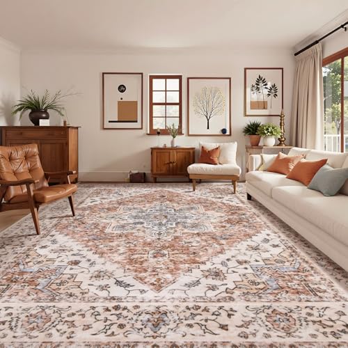 Ciicool Large 9x12ft Washable Area Rug,Vintage Non-Slip Bedroom Living Room | Oriental Non-Slip Throw Carpet Boho Indoor Soft Low-Pile Stain Resistant Mat for Bedside Kitchen Dining Room Home Decor - color: Vintage Cream/Brick, size: 9' x 12' (Rectangular